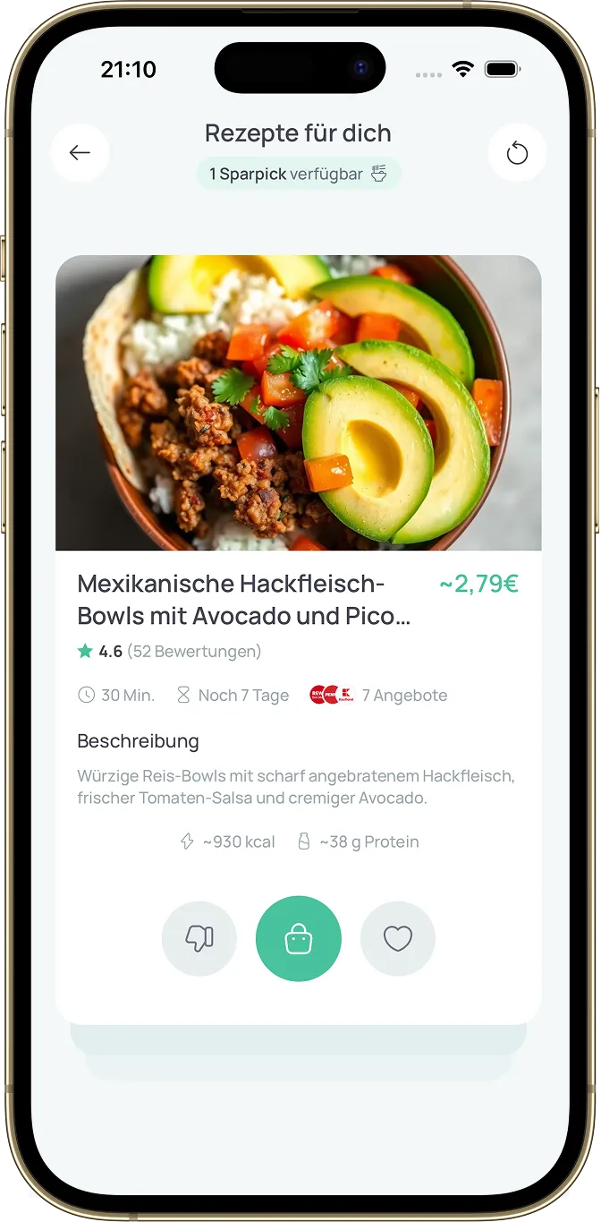 Sparchef App – Rezept „Mexikanische Hackfleisch-Bowls mit Avocado und Pico de Gallo“ mit Preis und Nährwerten