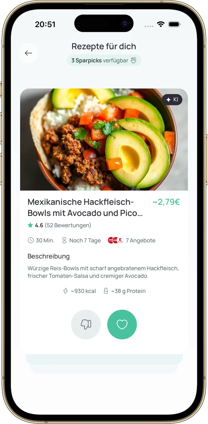 Sparchef App – Rezept „Mexikanische Hackfleisch-Bowls mit Avocado und Pico de Gallo“ mit Preis und Nährwerten