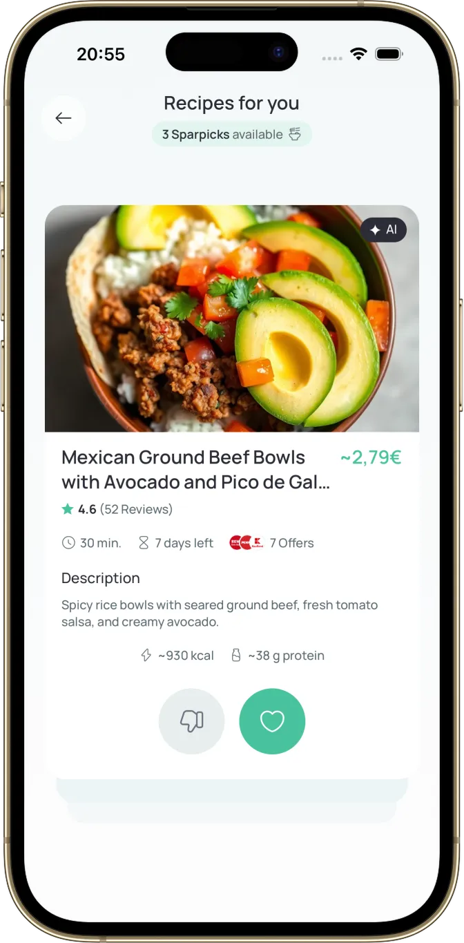 Sparchef App – Recipe "Mexican Ground Beef Bowls with Avocado and Pico de Gallo" with price and nutrition info