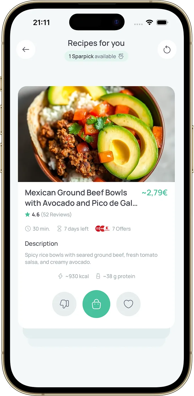 Sparchef App – Recipe "Mexican Ground Beef Bowls with Avocado and Pico de Gallo" with price and nutrition info