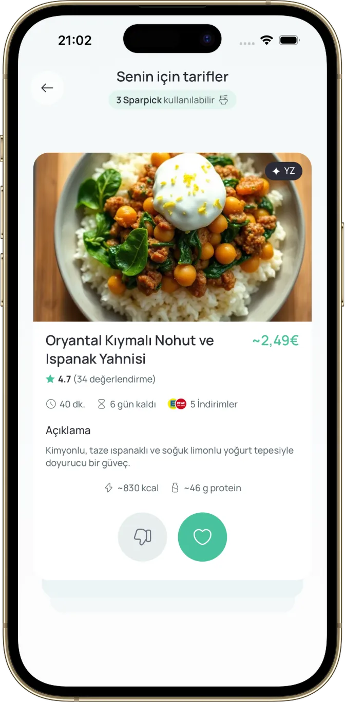 Sparchef uygulaması – "Oryantal Kıymalı Nohut ve Ispanak Yahnisi" tarifi, fiyat ve besin değerleriyle
