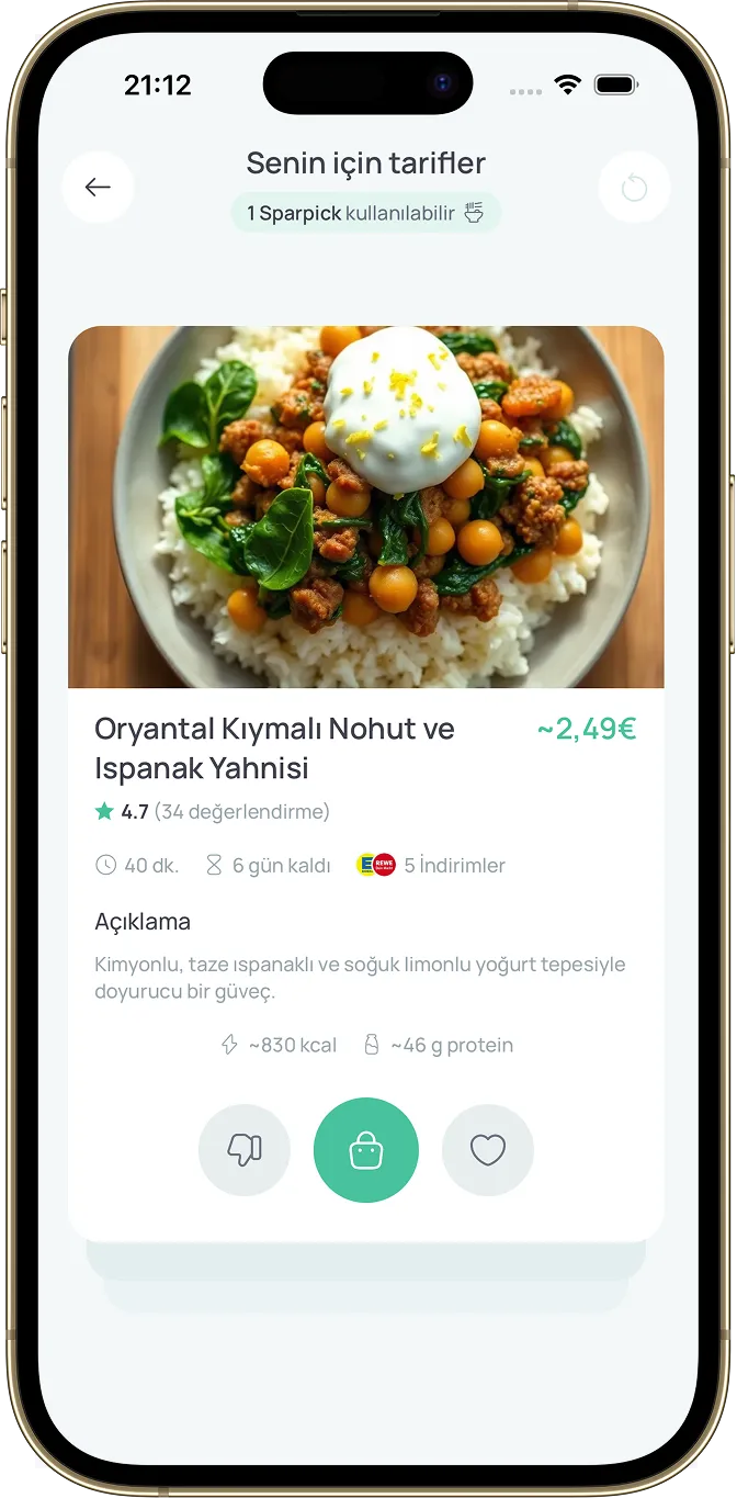 Sparchef uygulaması – "Oryantal Kıymalı Nohut ve Ispanak Yahnisi" tarifi, fiyat ve besin değerleriyle