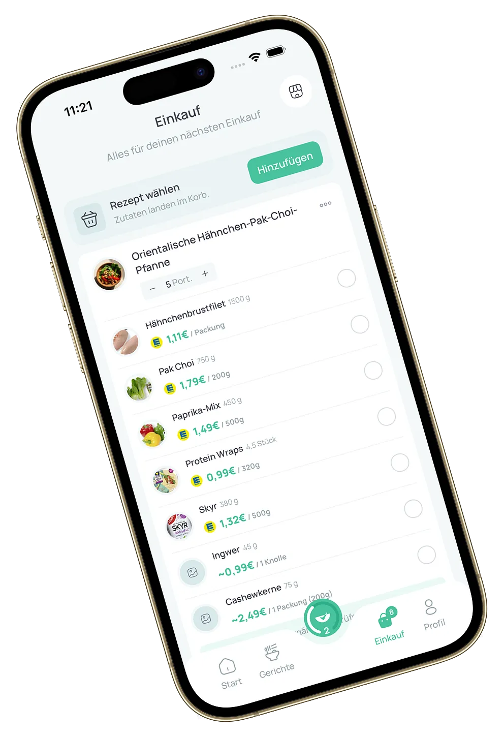 Sparchef App – Einkaufsliste mit Angebotspreis je Zutat