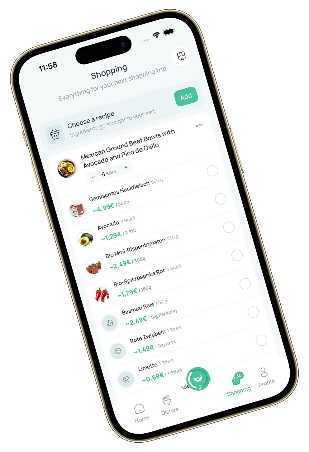 Sparchef app – shopping list with the offer price per ingredient