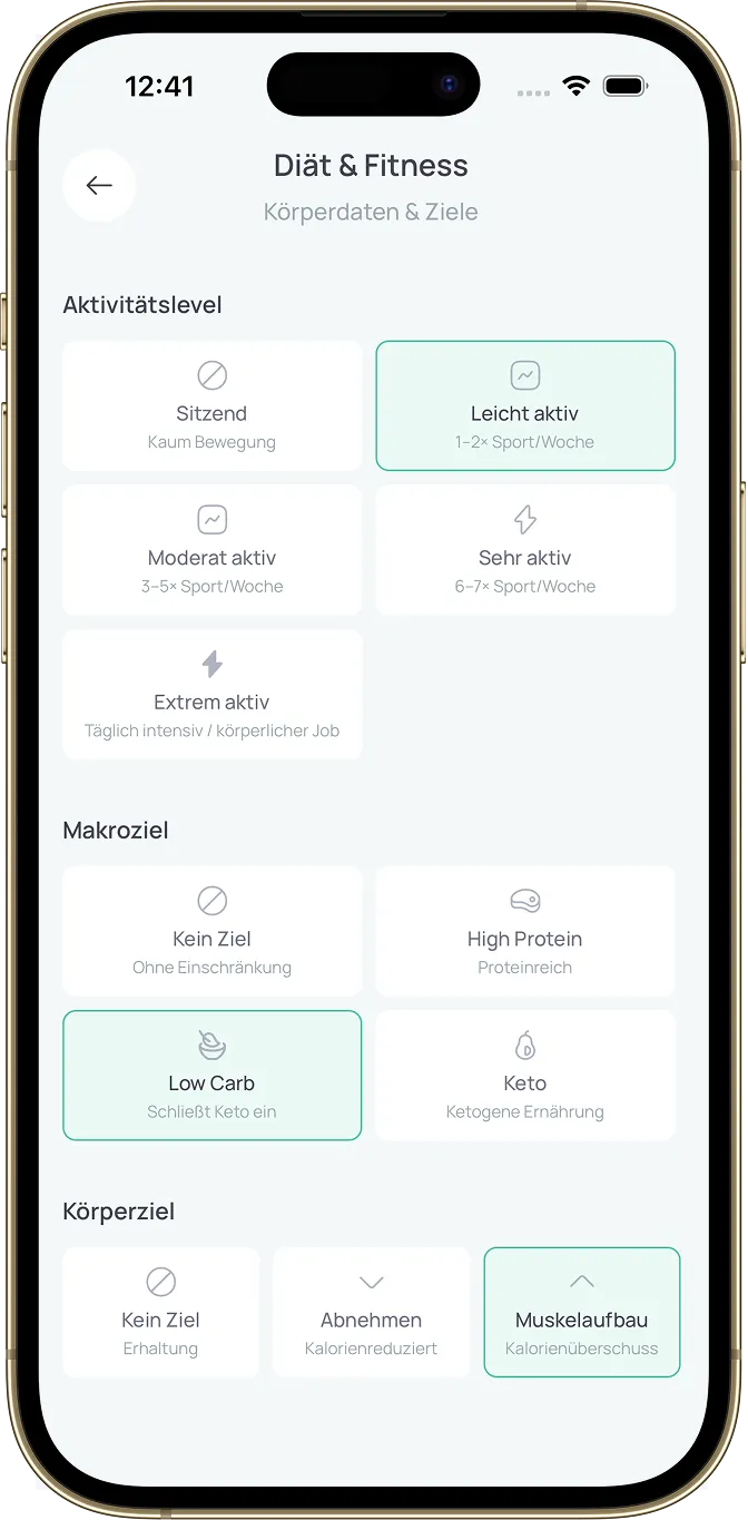 Sparchef App – Diät & Fitness: Aktivitätslevel, Makroziel & Körperziel