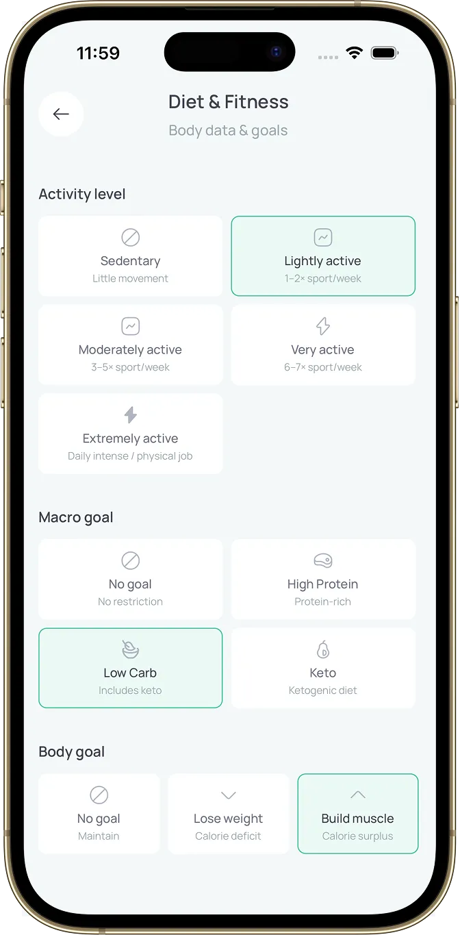 Sparchef App – Diet & Fitness: activity level, macro goal & body goal