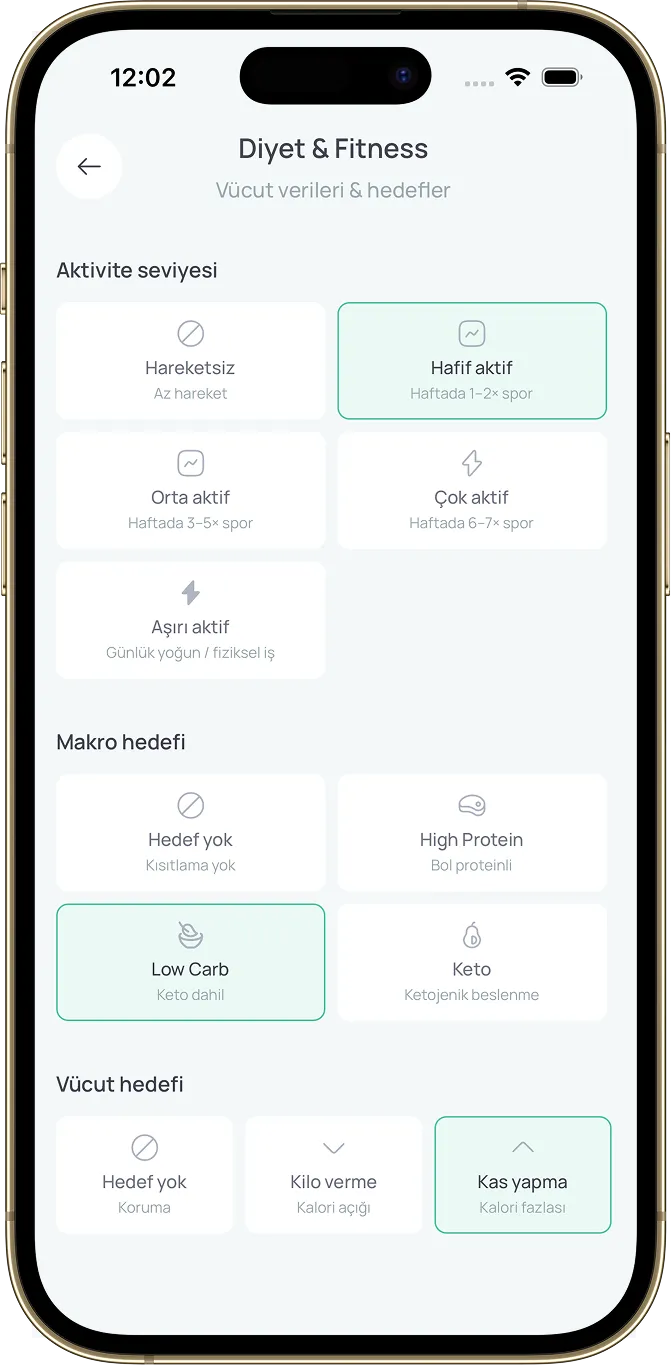 Sparchef uygulaması – Diyet & Fitness: Aktivite seviyesi, makro hedefi & vücut hedefi