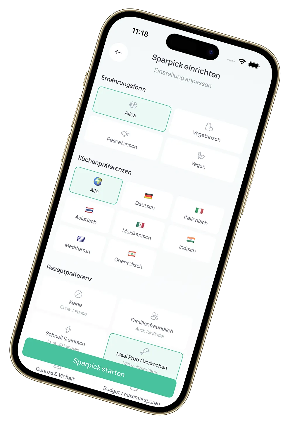 Sparchef App – Sparpick einrichten: Ernährungsform, Küche & Rezeptpräferenz wählen