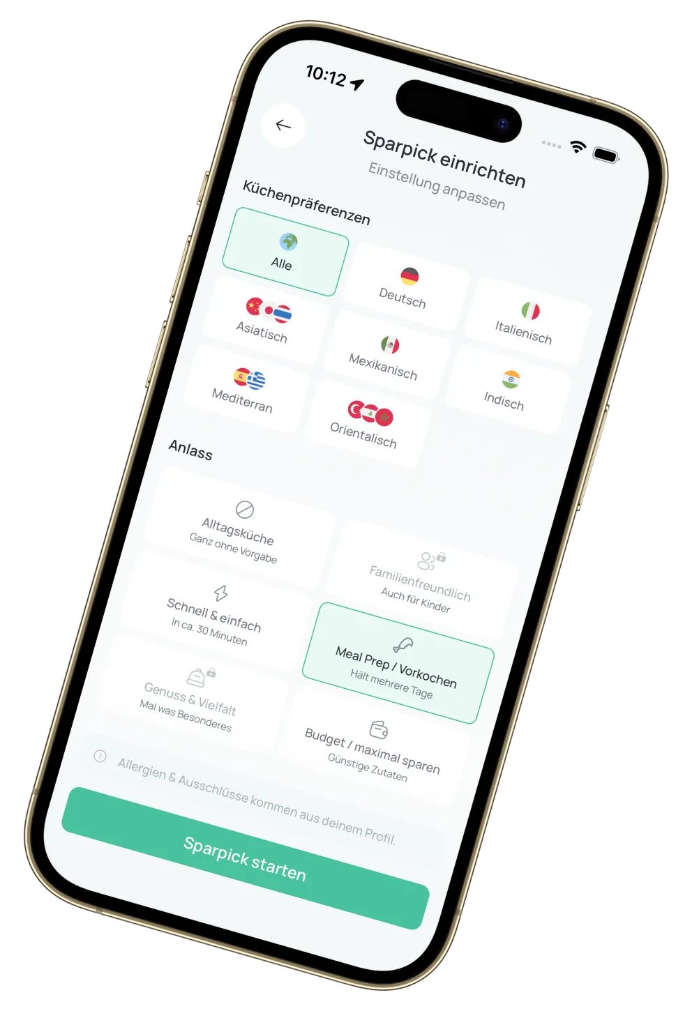 Sparchef App – Sparpick einrichten: Küche & Anlass wählen