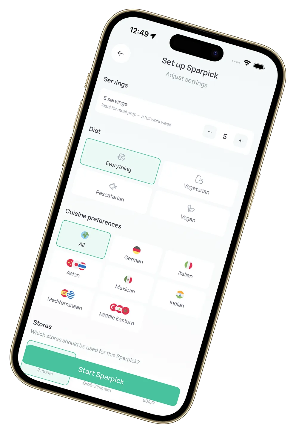 Sparchef app – set up Sparpick: choose diet, cuisine & recipe preferences